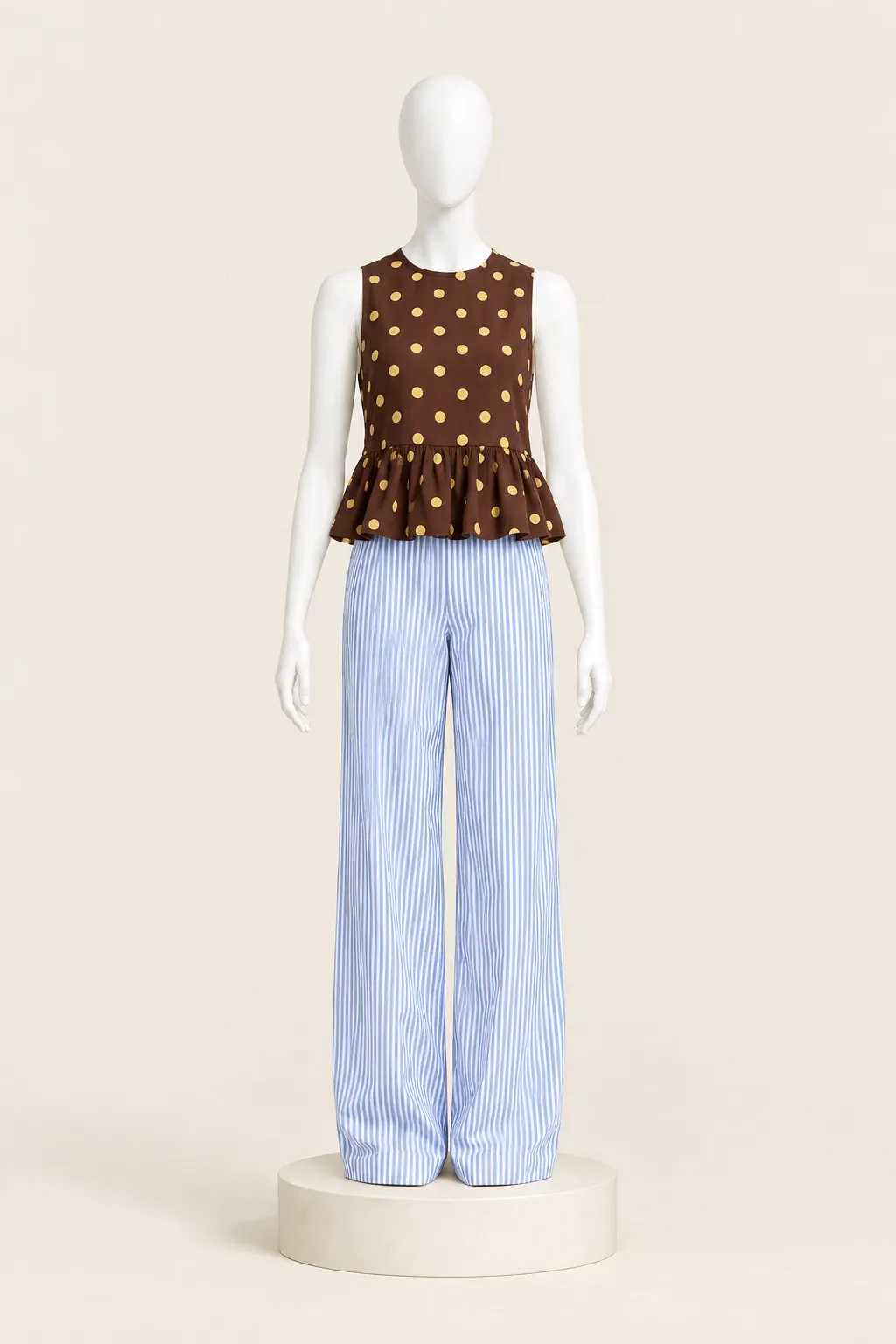 Maniquí con la blusa polka y el wide leg de rayas