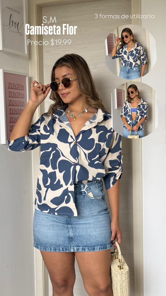 [A523.01] Camiseta flor Azul manga larga (S)