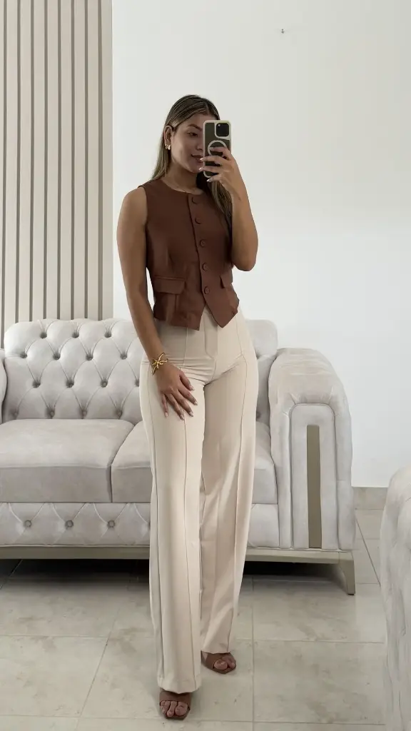 [B41.01-TS] WIDE LEG TELA LINEA  (S, Beige)