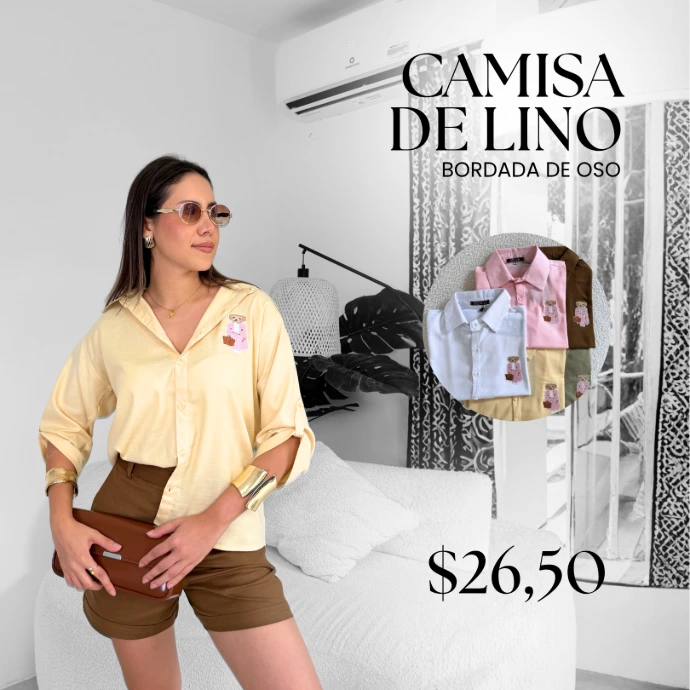 [A651.04] Camisa de Lino Bordada Oso (Rosado, S)