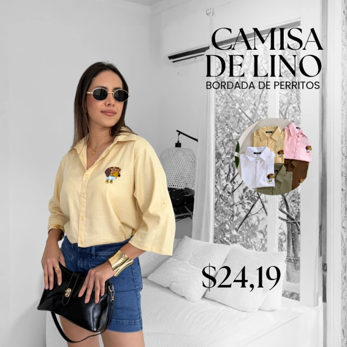 [A652.04] Camisa de Lino Bordada Perritos (Rosado, S)
