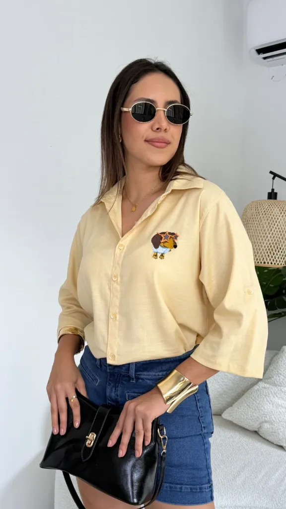 Camisa de Lino Bordada Perritos