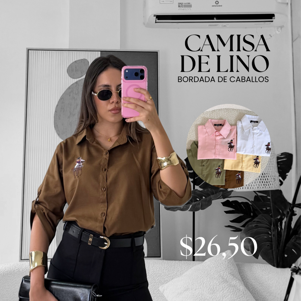 [A653.04] Camisa de Lino Bordada Caballos (Rosado, S)