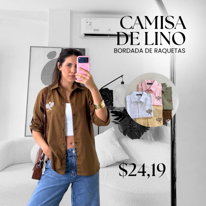 [A654.04] Camisa de Lino Bordada Raquetas (Rosado, S)