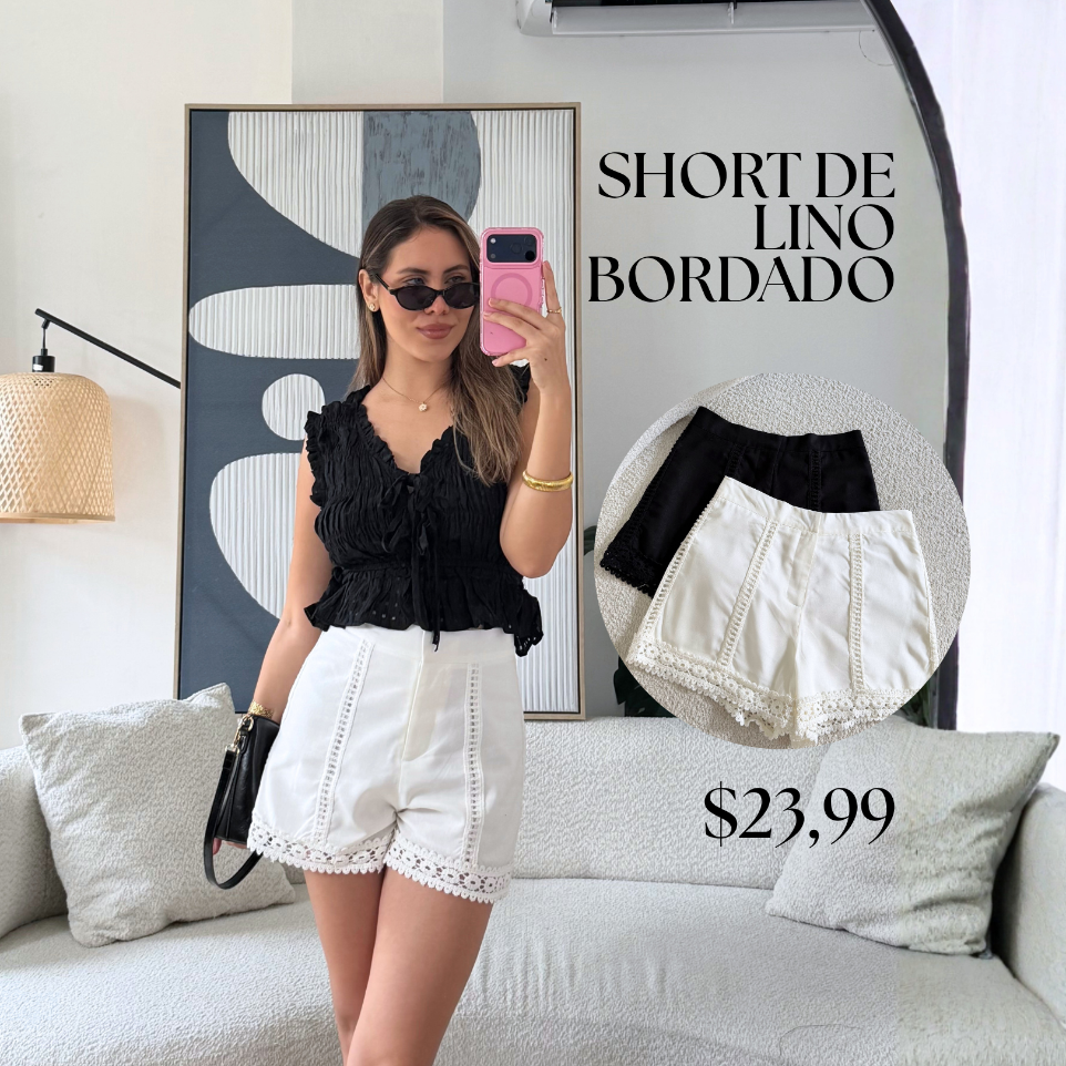 Short de lino bordado