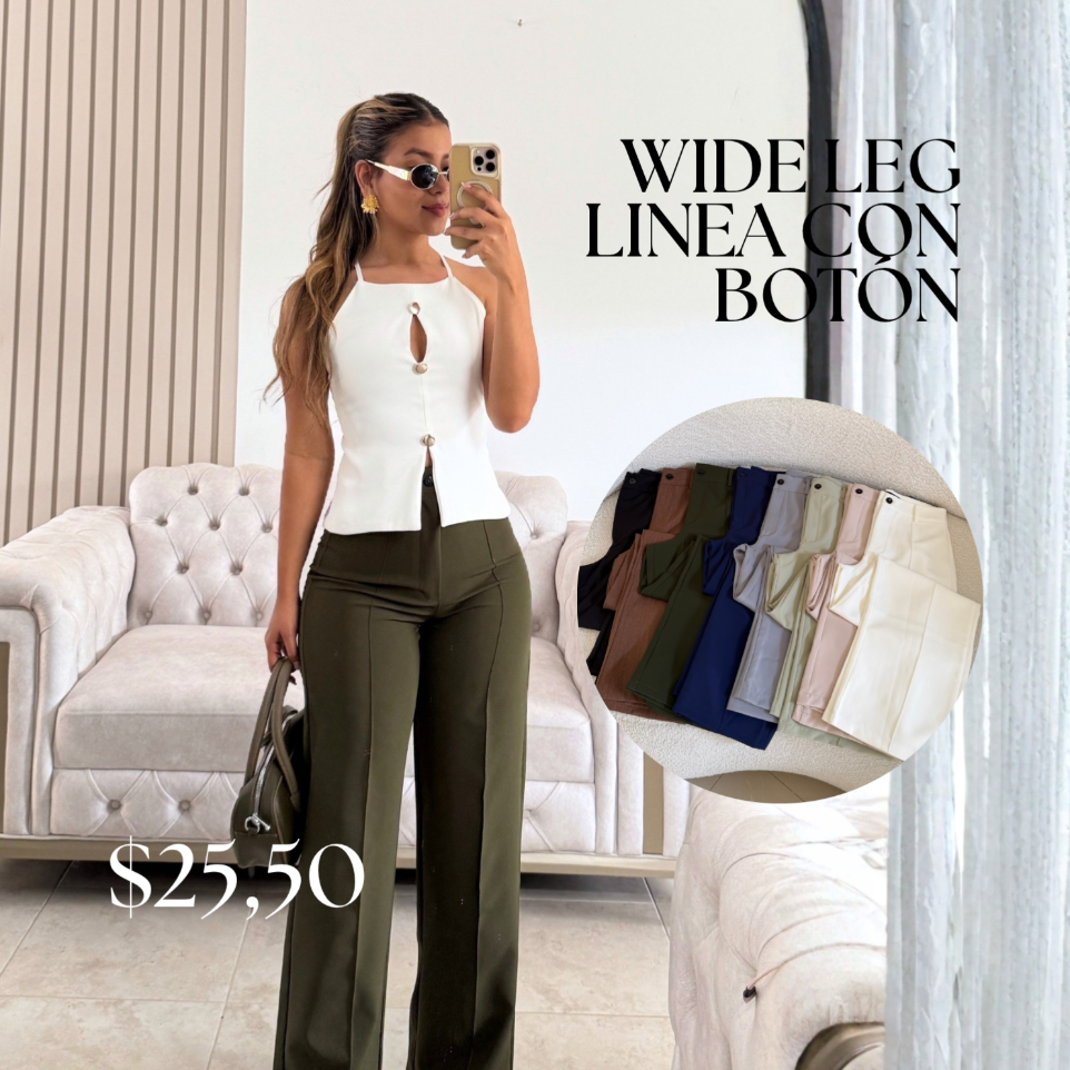 [B81.49] WIDE LEG LINEA CON BOTON (Blanco, S)