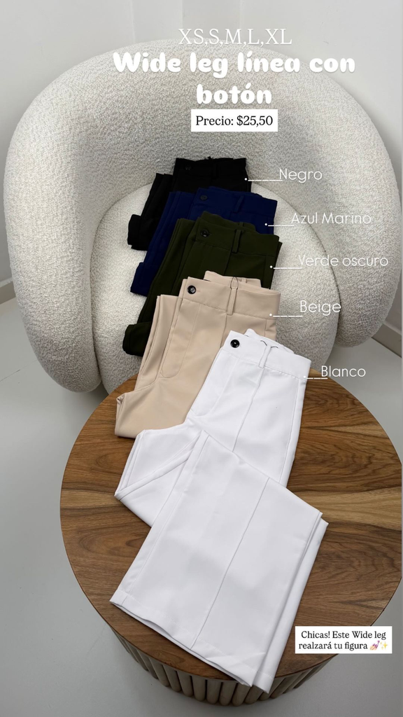 [B81.49] WIDE LEG LINEA CON BOTON (S, Blanco)